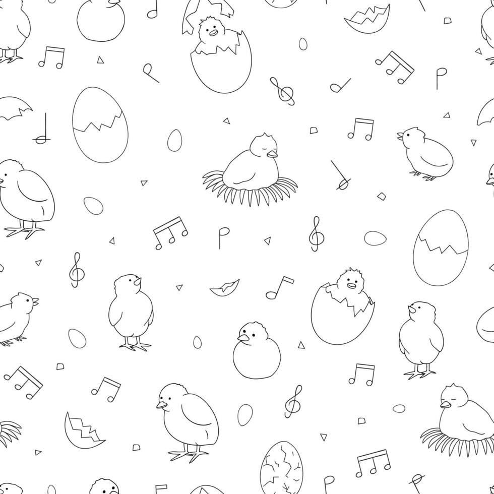 Black and white seamless pattern with hatching chicks, chirping chicks, eggs, eggshell pieces, notes, treble clef. Cute cartoon style background. Hand drawn doodle backdrop for Easter vector