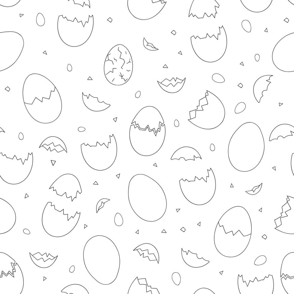 patrón transparente blanco y negro con huevos y trozos de cáscara de huevo. Fondo de estilo de dibujos animados lindo. Fondo de doodle dibujado a mano para Pascua. ilustracion infantil vector