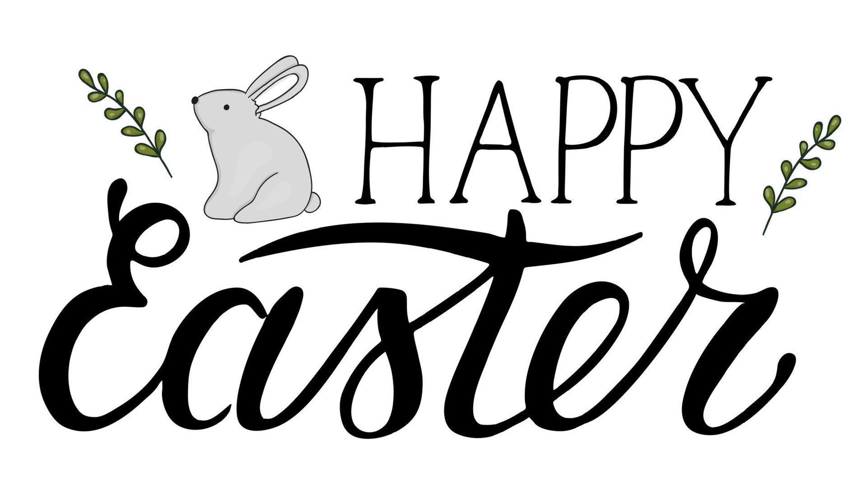 Vector Easter lettering with rabbit and tree branch isolated on white background. Season greeting typography. Cute hand drawn Happy Easter text. Card, invitation, banner, poster, postcard design.