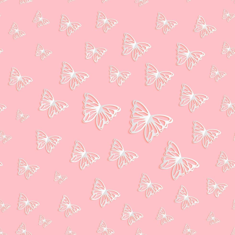 vector sin patrón de papel cortado mariposas blancas sobre fondo rosa. fondo repetitivo para tarjetas de felicitación, papelería, póster.