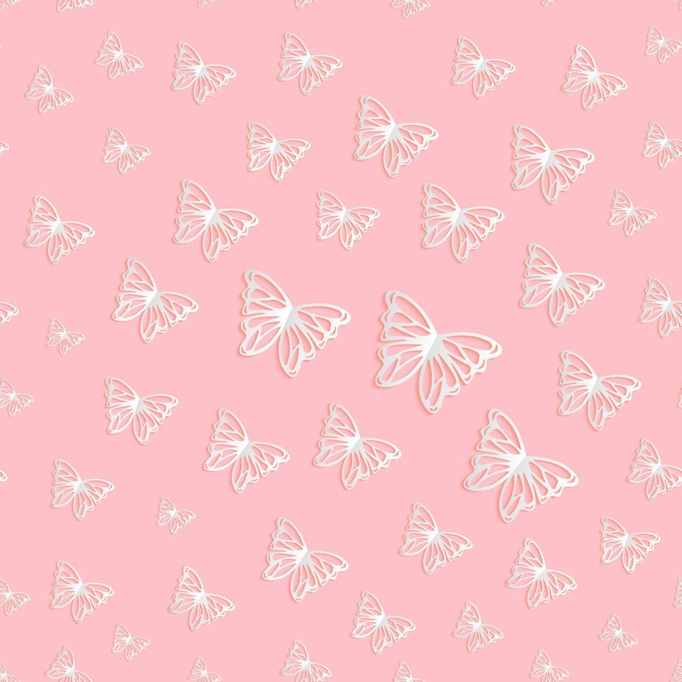 Vector seamless pattern of paper cut white butterflies on pink background. Repeating background for  greeting card, stationery, poster.