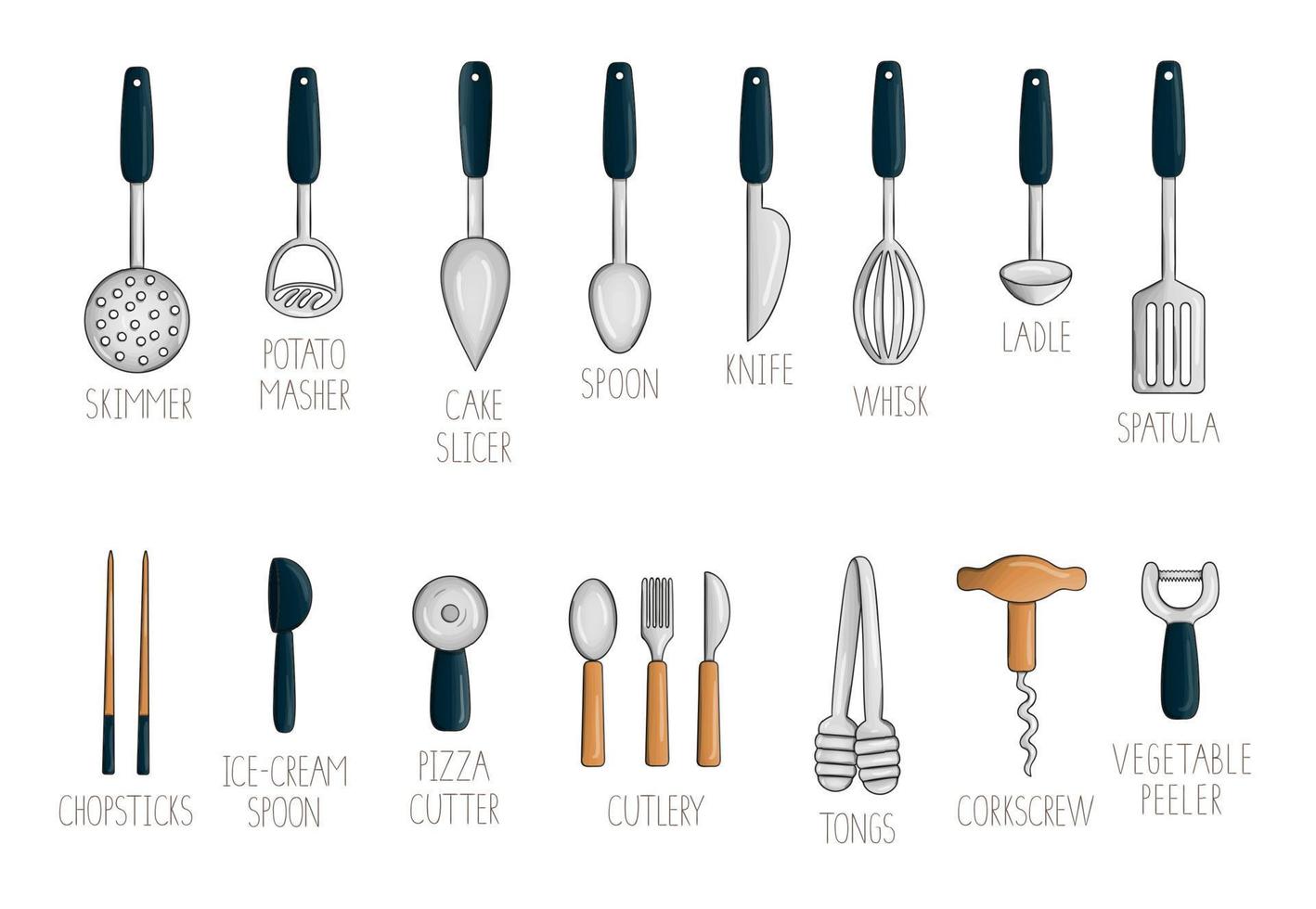 Vector set of colored kitchen tool. Bright pack of cutlery, rolling pin, spatula, whisk, knife, spoon, ladle, fork, pizza  cutter, corkscrew, vegetable peeler, skimmer. Cartoon style
