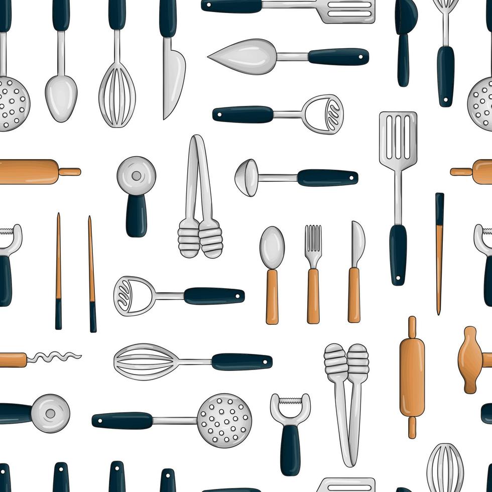 Vector seamless pattern of colored kitchen tools. Repeat background with isolated colorful cutlery, spatula, whisk, knife, spoon, ladle, fork, pizza cutter, corkscrew, vegetable peeler, rolling pin