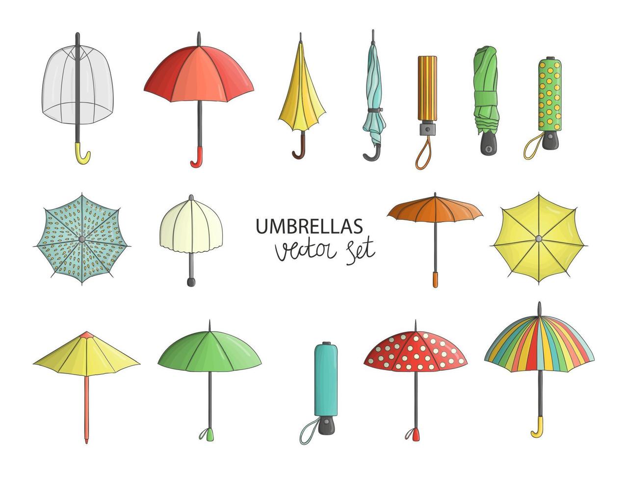 Vector set of colored umbrellas isolated on white background. Monochrome pack of rain shields. Cartoon style
