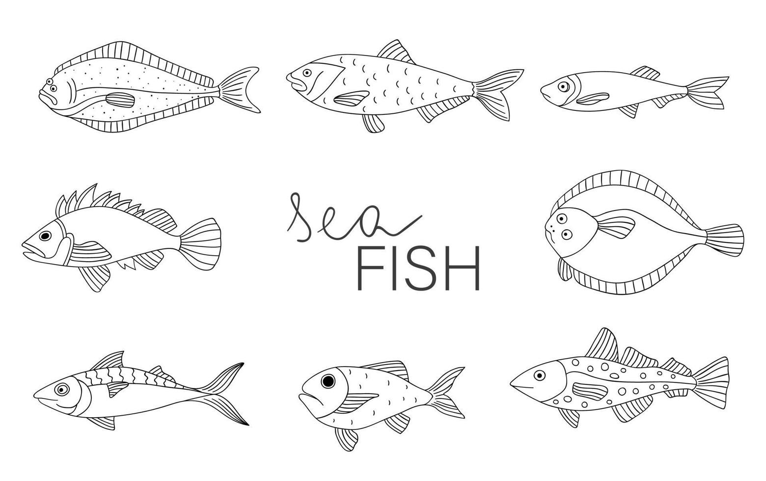 vector conjunto de peces en blanco y negro aislado sobre fondo blanco. colección monocromática de fletán, pescado de roca, caballa, arenque, pez plano, espadín, mero, bacalao. ilustración submarina