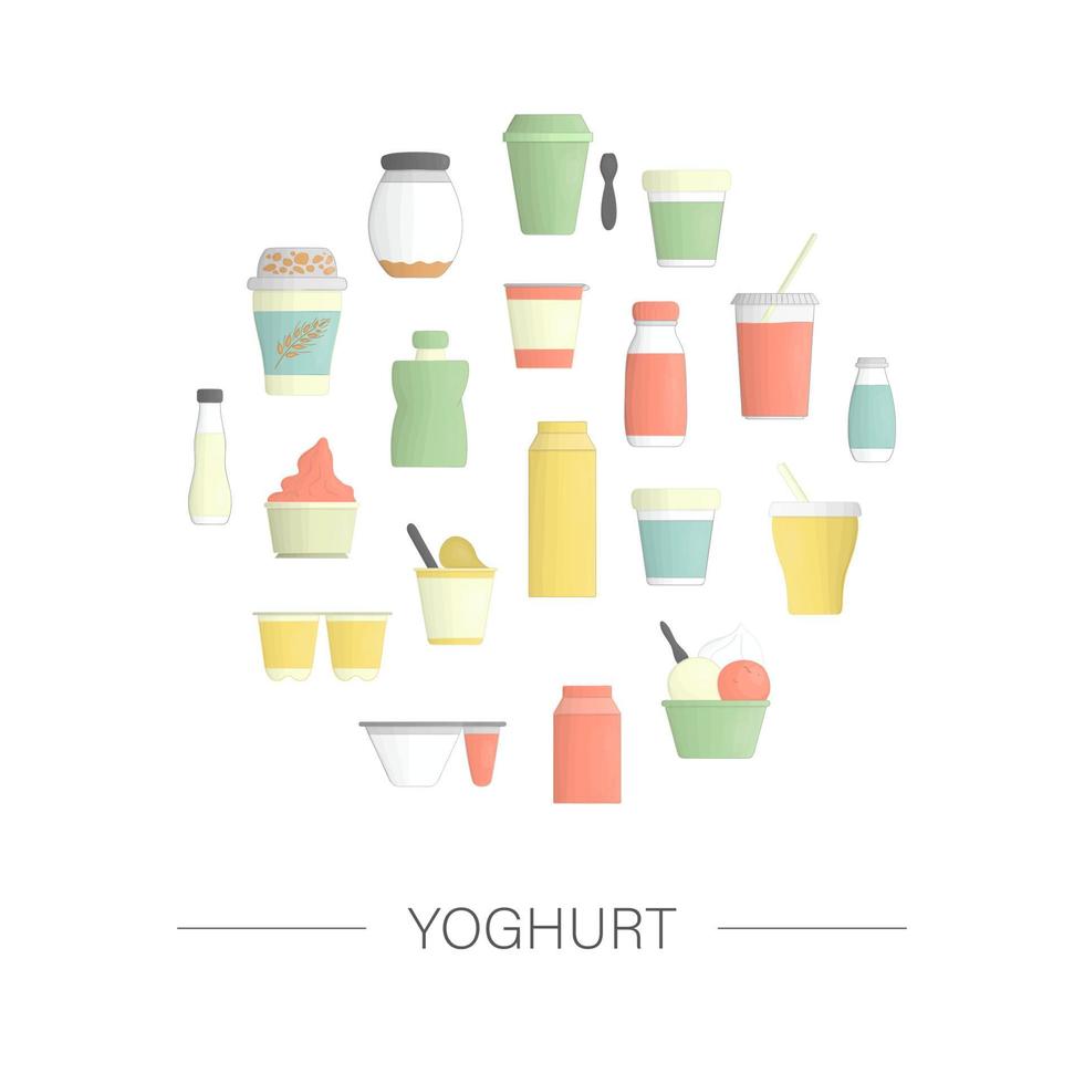 vector conjunto de colores de diferentes tipos de yogur enmarcado en círculo. Conjunto dibujado a mano de productos lácteos frescos orgánicos aislados sobre fondo blanco. recogida de alimentos naturales.