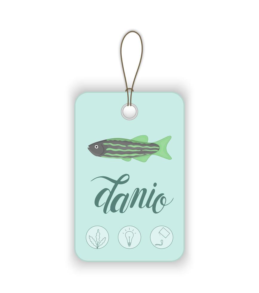 precio de vector con peces de acuario y letras. ilustración para tiendas de mascotas. nombres e iconos de peces de acuario. linda foto de danio