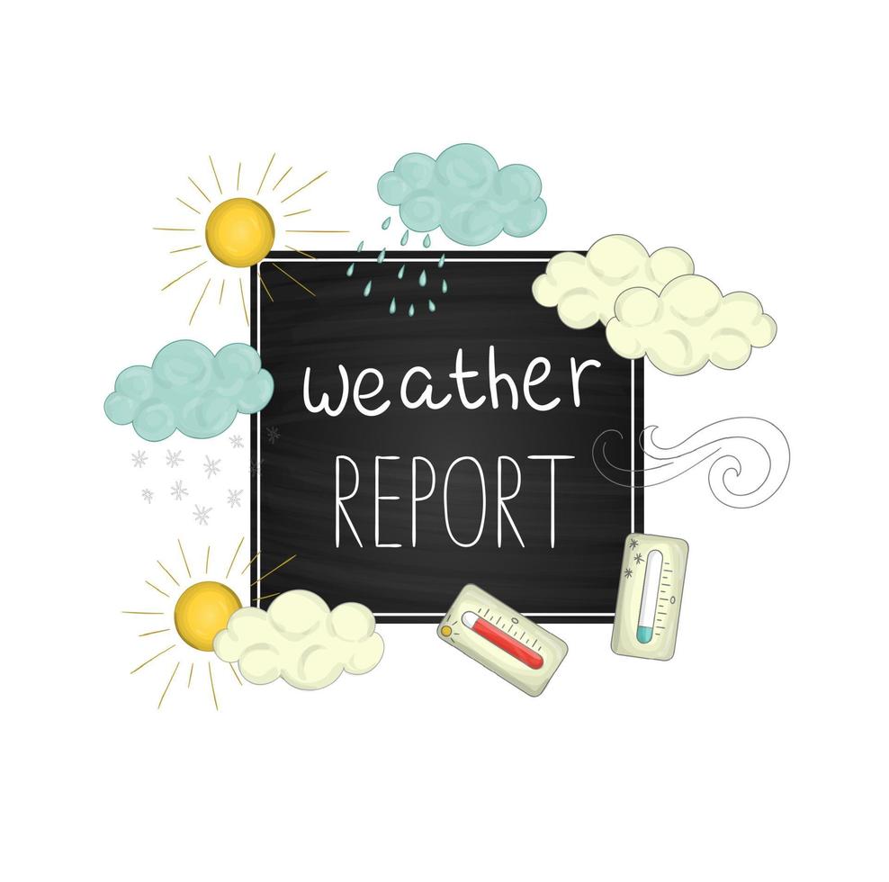 Vector weather report illustration.  Cute doodle style picture of sun, wind, rain, snow, clouds, hot and cold temperature