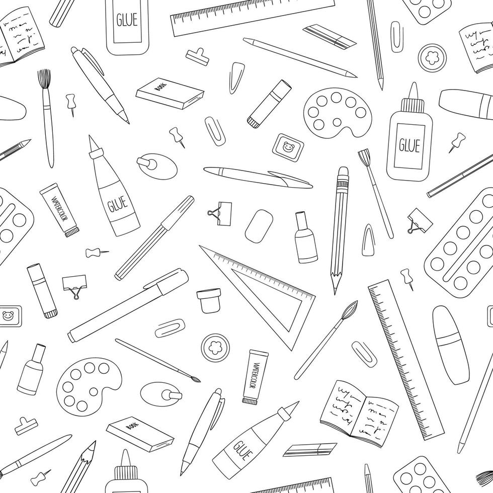 Vector seamless pattern of black and white stationery, office or school supplies. Repeat background with isolated monochrome pen, pencil, ruler, glue, paint, brush, pushpin