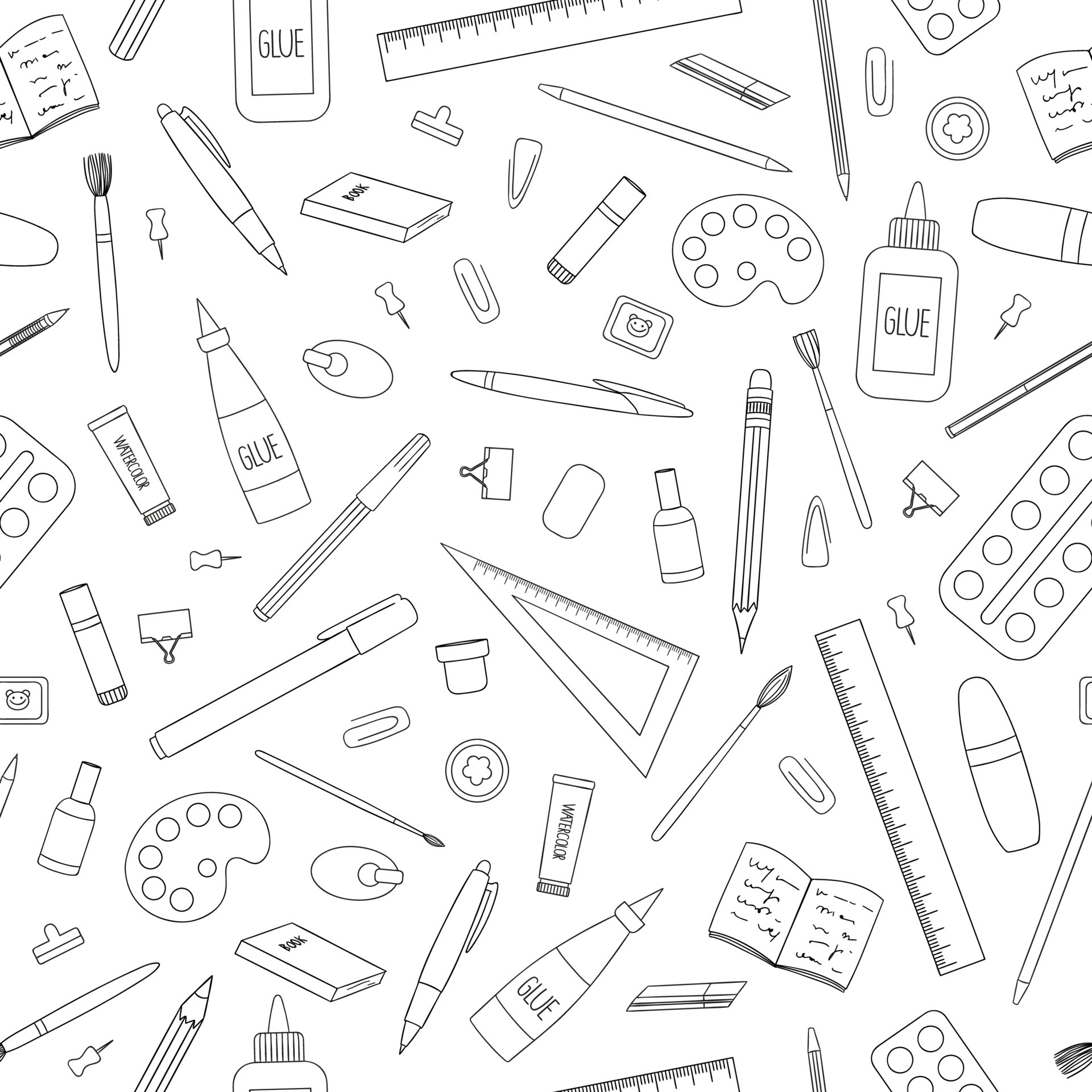 seamless pattern of school or office supplies in black gray shades on white  background 14731157 Vector Art at Vecteezy