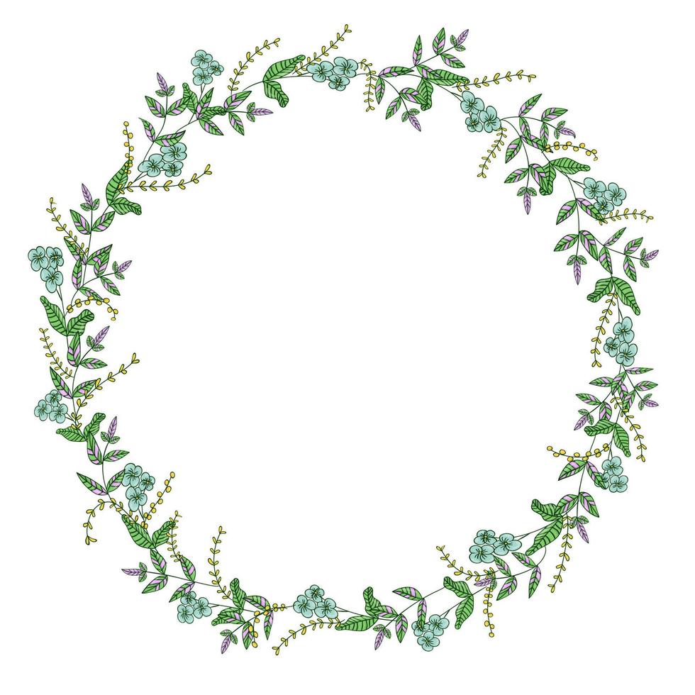 Vector wreath of garden flowers and herbs. Hand drawn cartoon style illustration. Cute summer or spring frame for wedding, holiday or card design