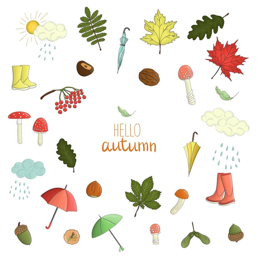 Vector set of colored autumn elements. Fall illustration of isolated leaves, umbrella, rain, mushroom, rubber boots, nut, acorn, cloud. Cartoon style