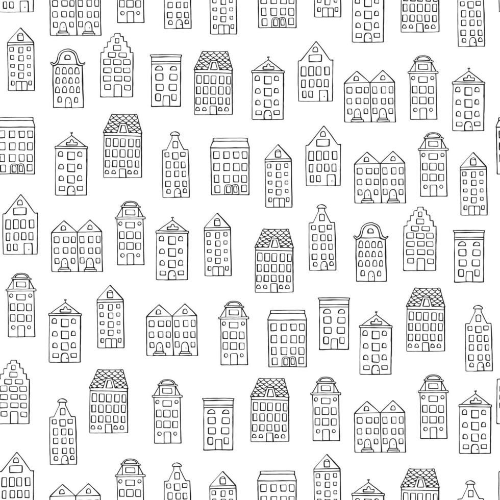 Vector seamless pattern with cute houses on white background. Repeat backdrop with city,   town,   urban motif. Good for wallpaper, wrapping, children, stationery design