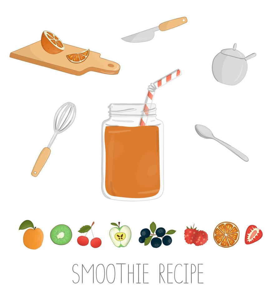 Vector illustration of orange smoothie in a glass jar with bending straw. Smoothie recipe set. Fresh organic vegetarian food isolated on white background