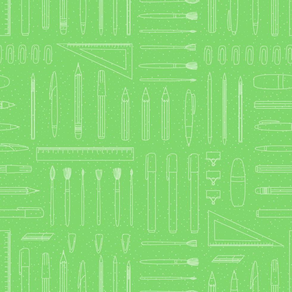 Vector seamless pattern of stationery, office or school supplies, writing materials. Geometric repeat background with isolated white pen, pencil, ruler, brush, binder on green background