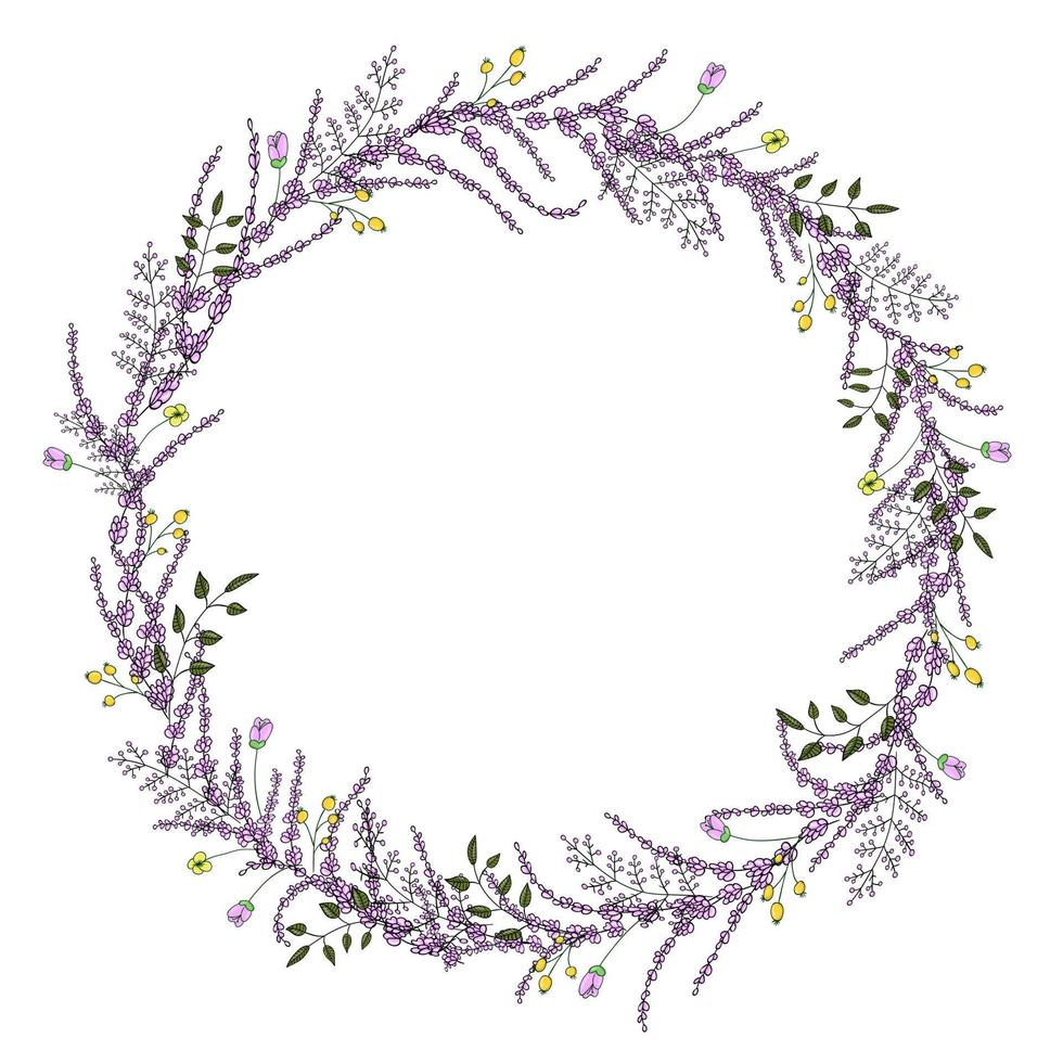 Vector wreath of garden flowers and herbs. Hand drawn cartoon style illustration. Cute summer or spring frame for wedding, holiday or card design