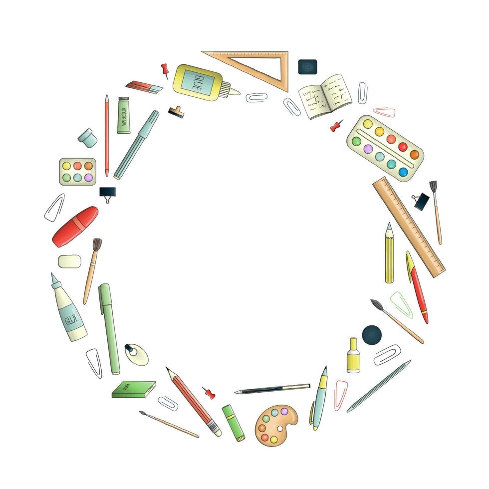 Vector colored stationery, office or school supplies framed in circle. Template for banner with isolated pen, pencil, ruler, glue, paint, brush, pushpin, binder, paper clip, eraser, stamp
