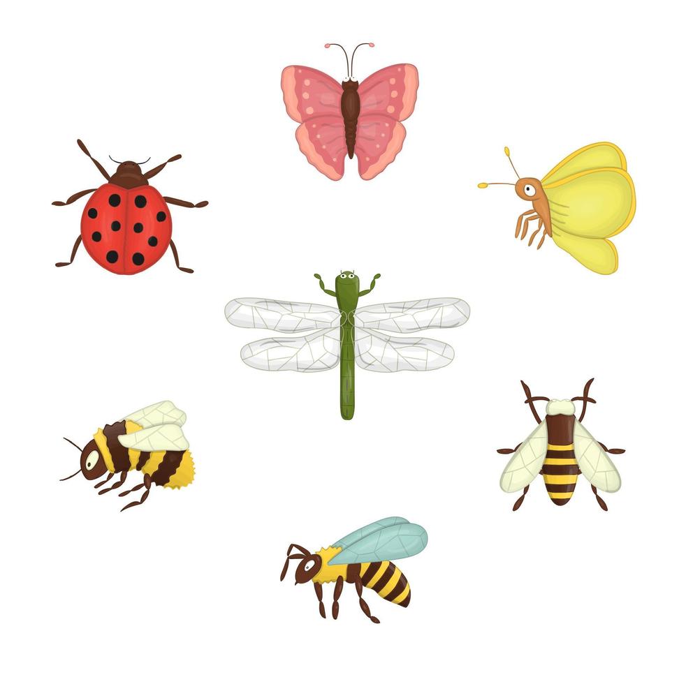 Vector set of colored insects. Collection of isolated on white background bee, bumblebee, moth, butterfly, ladybug, dragonfly, wasp,