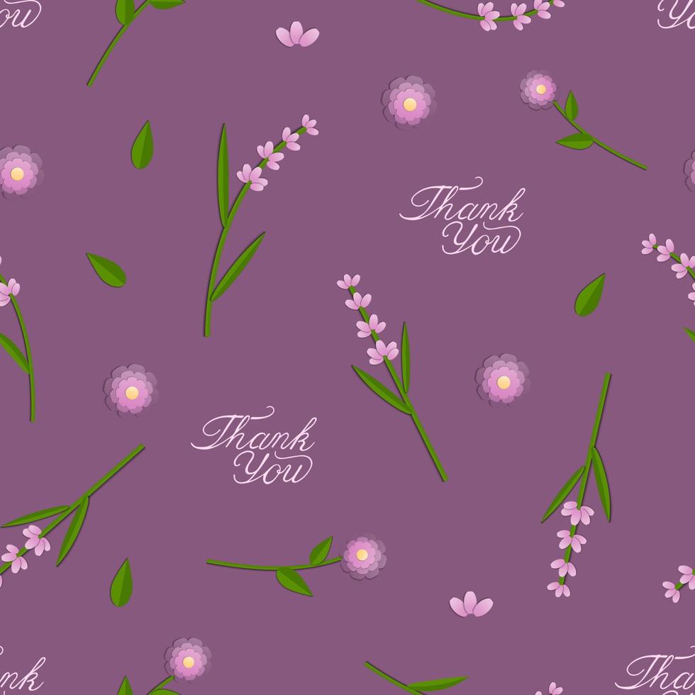 Vector seamless pattern with paper cut pink flowers on purple background. Thank you card. Repeating background with hand lettering for greeting card, stationery, poster.