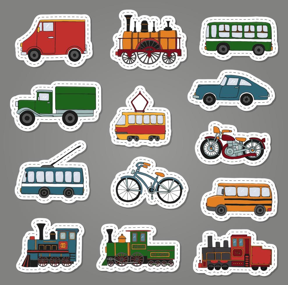 vector de color conjunto de motores retro y pegatinas de transporte. ilustración vectorial de trenes antiguos, autobuses, tranvías, trolebuses, coches, bicicletas, bicicletas, furgonetas, camiones