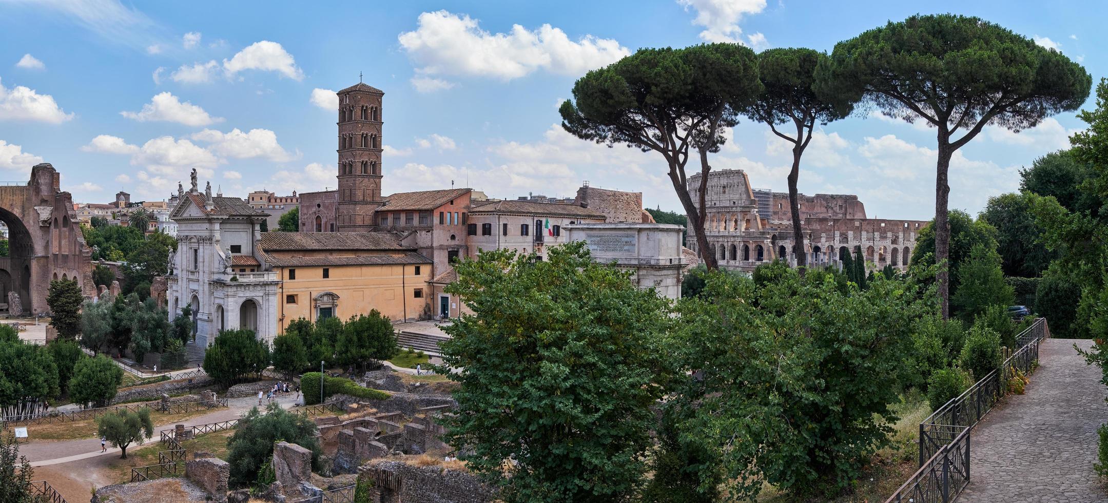 Vista del Coliseo a través de pinos, Roma, Italia foto