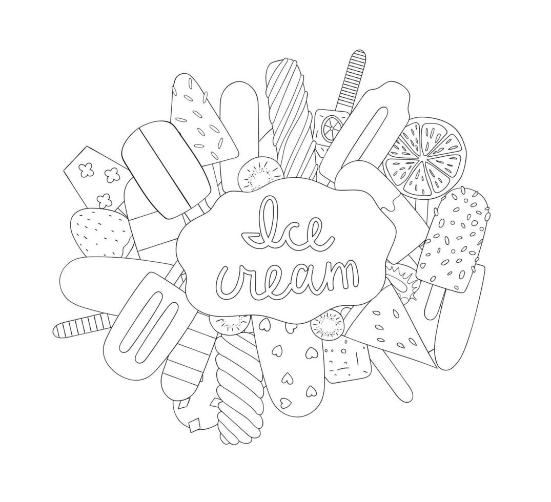 Ice cream black and white vector background. Ice cream menu or banner. Funny coloring page. Doodle style drawing