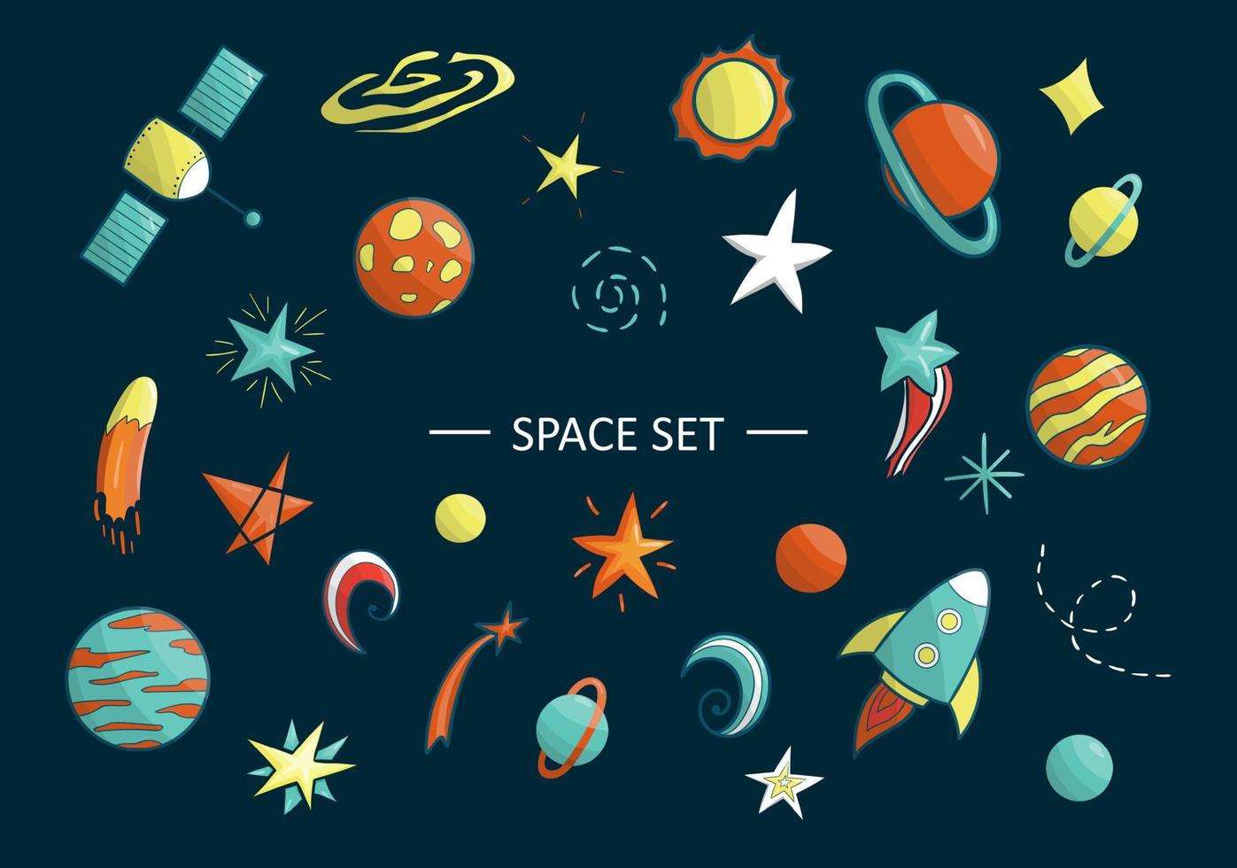 vector conjunto de objetos espaciales. Ilustración de imágenes prediseñadas espaciales. planeta brillante, cohete, estrella, ovni, galaxia, luna, nave espacial, sol en estilo de dibujos animados. bueno para carteles de niños.