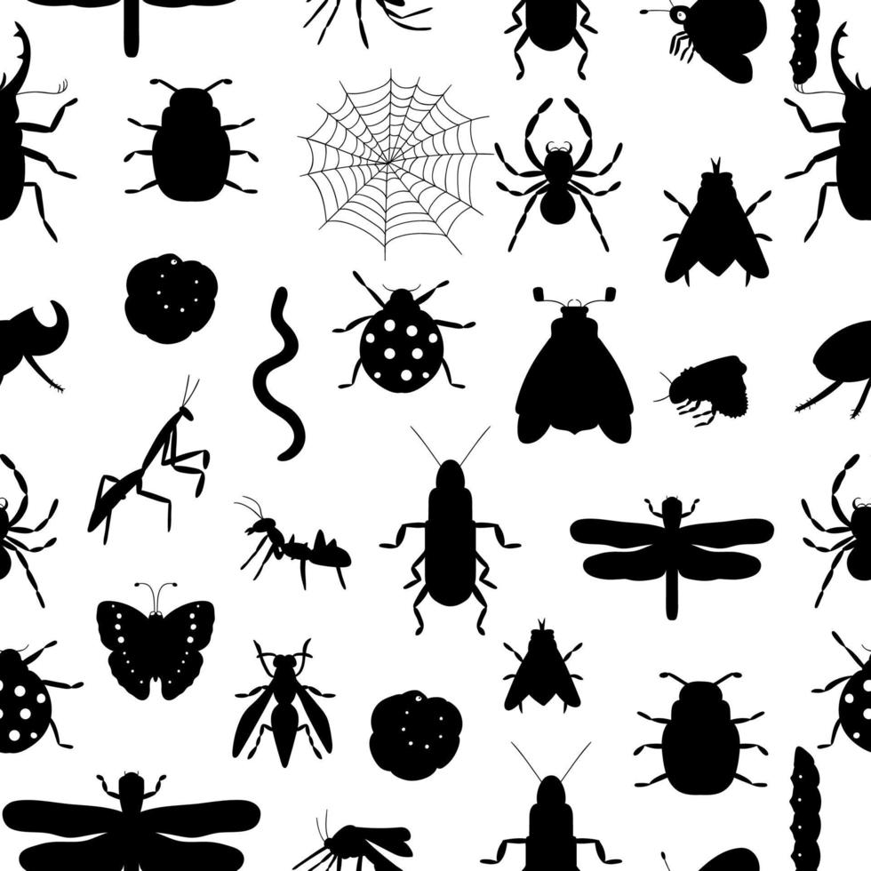 vector sin patrón de siluetas de insectos negros. Repita el fondo con abeja monocromática aislada, abejorro, bicho de mayo, mosca, polilla, mariposa, oruga, araña, mariquita