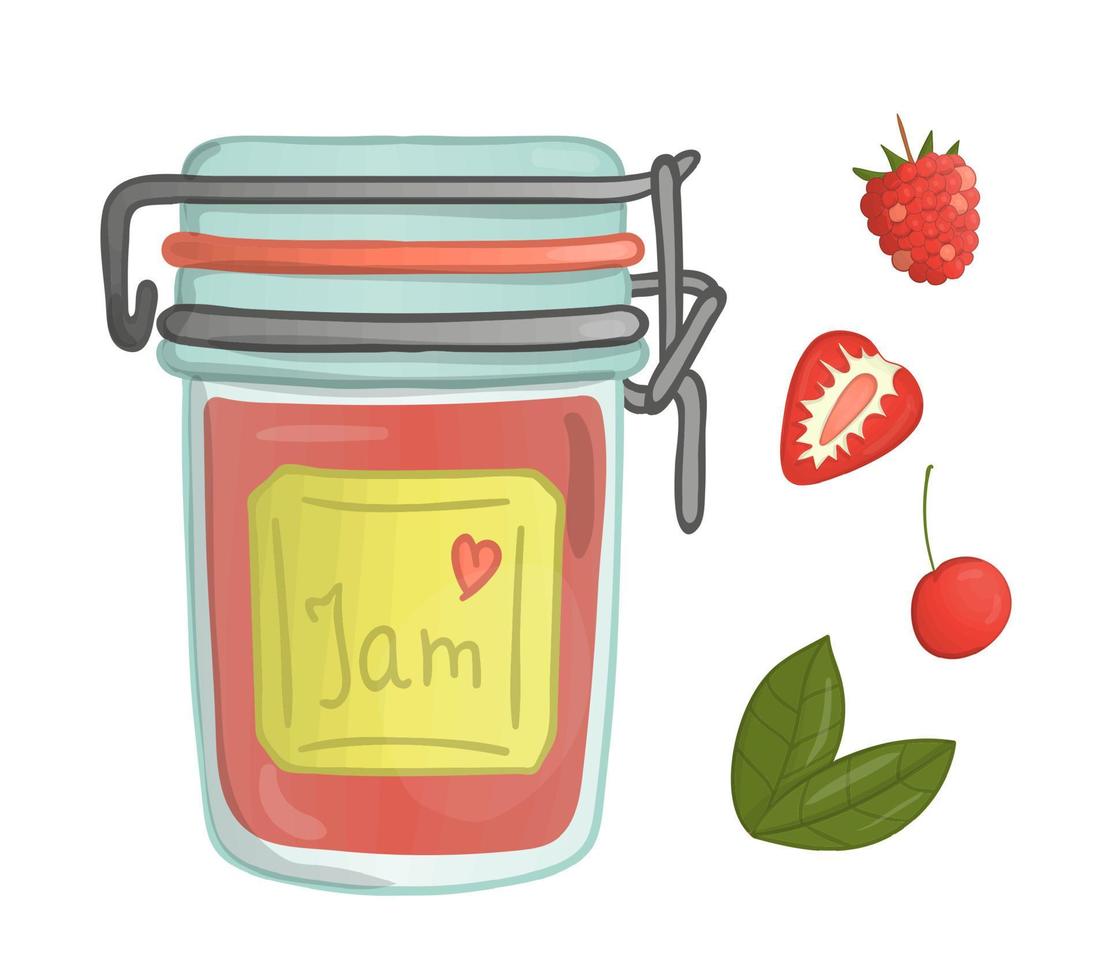 Vector illustration of colored jar with berry jam. Raspberry, strawberry, cherry, pot with marmalade isolated on white background. Watercolor effect.