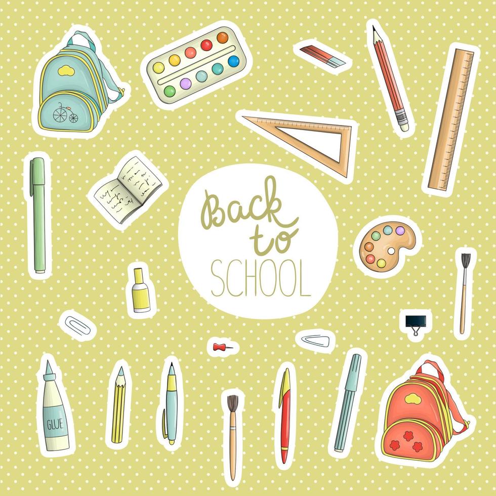 Vector set of colored stickers with stationery, writing materials, office or school supplies. Bright  pack of pen, pencil, ruler, glue, paint, brush, pushpin, backpack. Back to school illustration