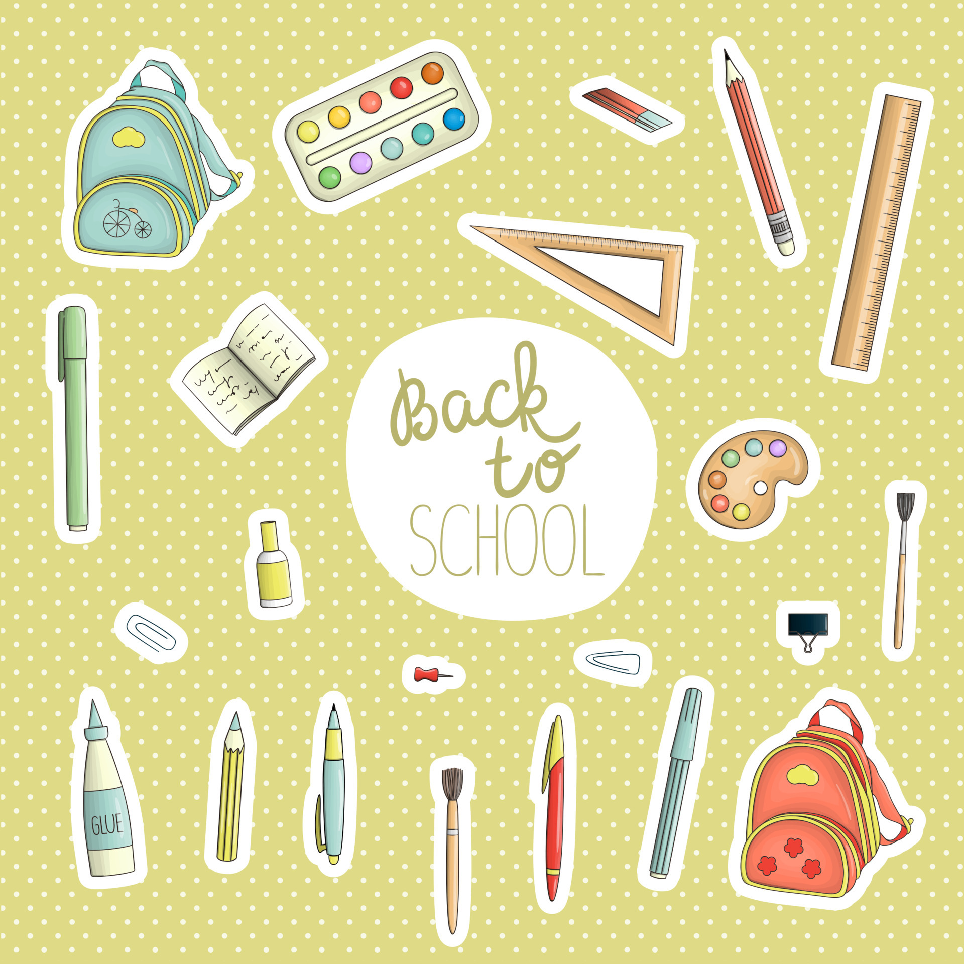 material escolar mochila, lápices, pinceles, pinturas, regla, sacapuntas,  pegatinas, calculadora, libros, pegamento. De vuelta a la escuela. 9779906  Vector en Vecteezy