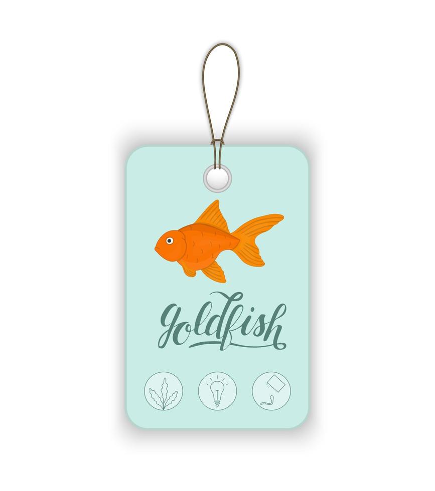 Vector price tag with aquarium fish and lettering. Illustration for pet shops. Aquarium fish names and icons. Cute goldfish picture