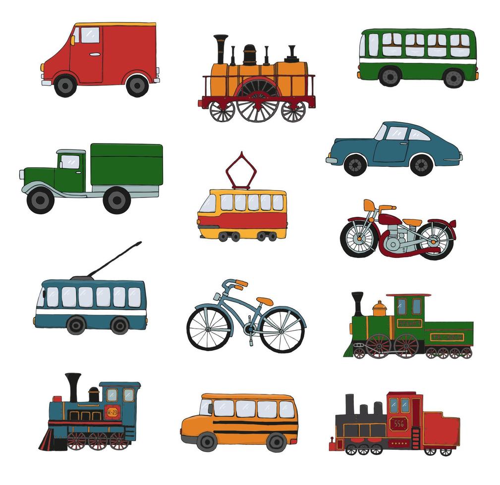 Vector colored set of retro engines and transport. Vector illustration of vintage trains, bus, tram, trolleybus, car, bicycle, bike, van, truck isolated on white background. Cartoon style illustration