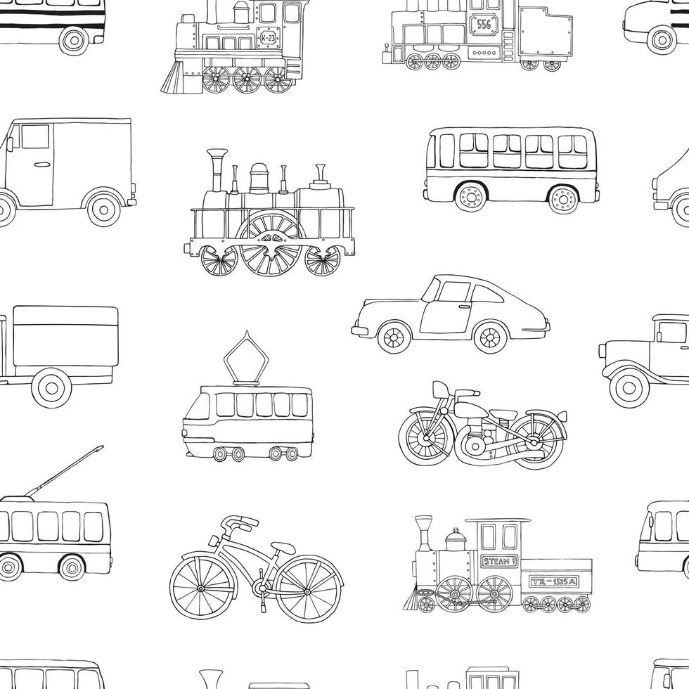 Vector black and white seamless pattern of retro engines and transport. Vector repeat background of vintage trains bus, tram, trolleybus, car, bicycle, bike, van, truck isolated on white background