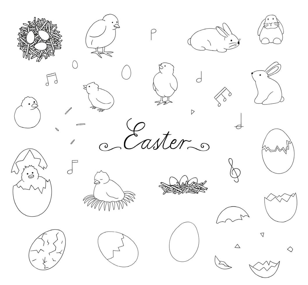 Vector black and white set of hatching chicks, rabbits, eggs, herbs, flowers. Cute cartoon style illustration. Hand drawn doodle Easter collection. Children illustration.