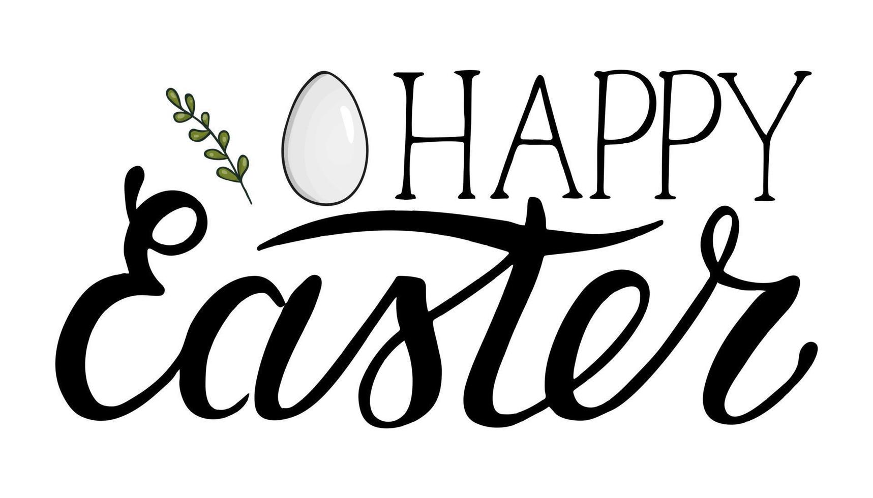 Vector Easter lettering with egg and tree branch isolated on white background. Season greeting typography. Cute hand drawn Happy Easter text. Card, invitation, banner, poster, postcard design.