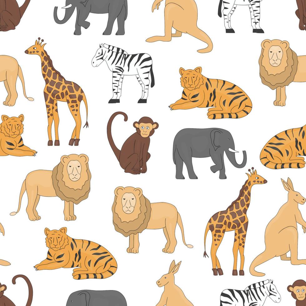 Vector seamless pattern of zoo animals isolated on white background. Repeating colored background of giraffe, tiger, elephant, lion, zebra, monkey, kangaroo. Picture of zoo for children.