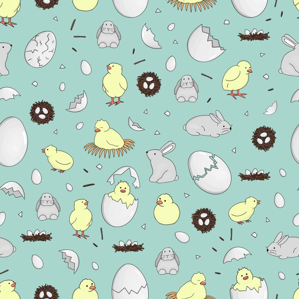 Vector seamless pattern with hatching chicks, rabbits, eggs on blue background. Cute cartoon style background. Hand drawn doodle backdrop for Easter. Children illustration.