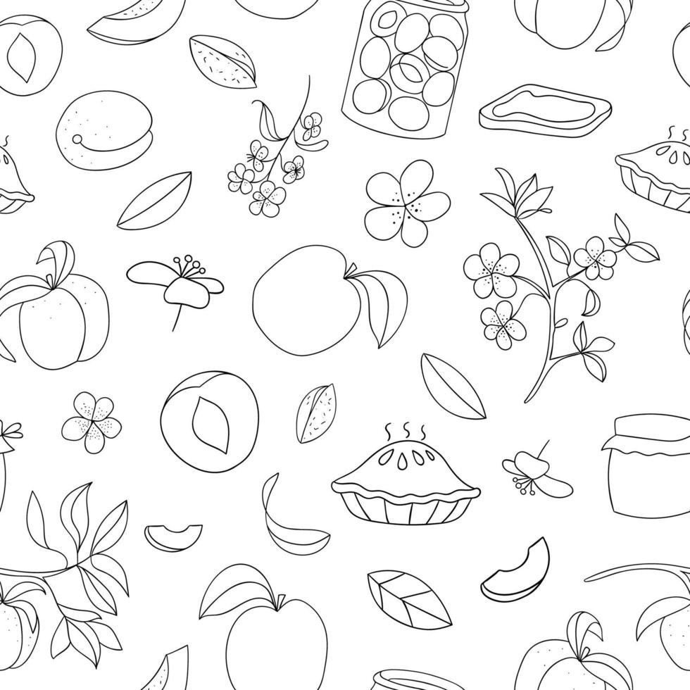 vector de patrones sin fisuras de lindos albaricoques dibujados a mano, pastel, flores, tarro de mermelada. fondo de repetición en blanco y negro. tema de comida casera. bueno para electrodomésticos de cocina, manteles, servilletas, acogedor