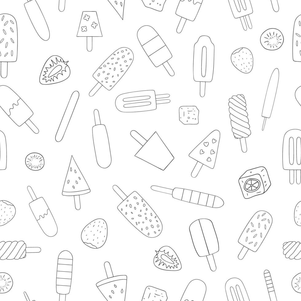 Vector seamless pattern of black and white ice cream. Monochrome ice repeat background. Linear art dessert on white background. Vintage  doodle style backdrop