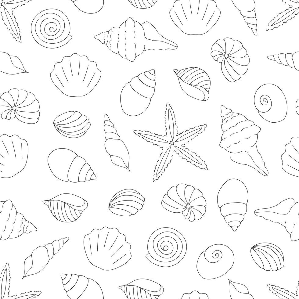 Vector black and white seamless pattern of sea shells. Monochrome repeating marine background. Underwater illustration.