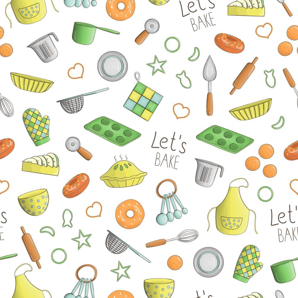 Vector seamless pattern of colored kitchen and baking tools. Repeat background with isolated colorful apron, cutlery, pie, donut, measuring cup, whisk, dish, spoon, pot, saucepan, cookie cutter, pin,