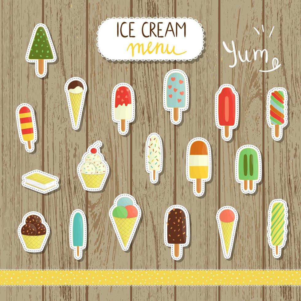 Vector ice cream illustration in cartoon style. Bright and cute illustrations of ice cone. Cute stickers for cafe menu or stationery. Ice labels on natural wooden background