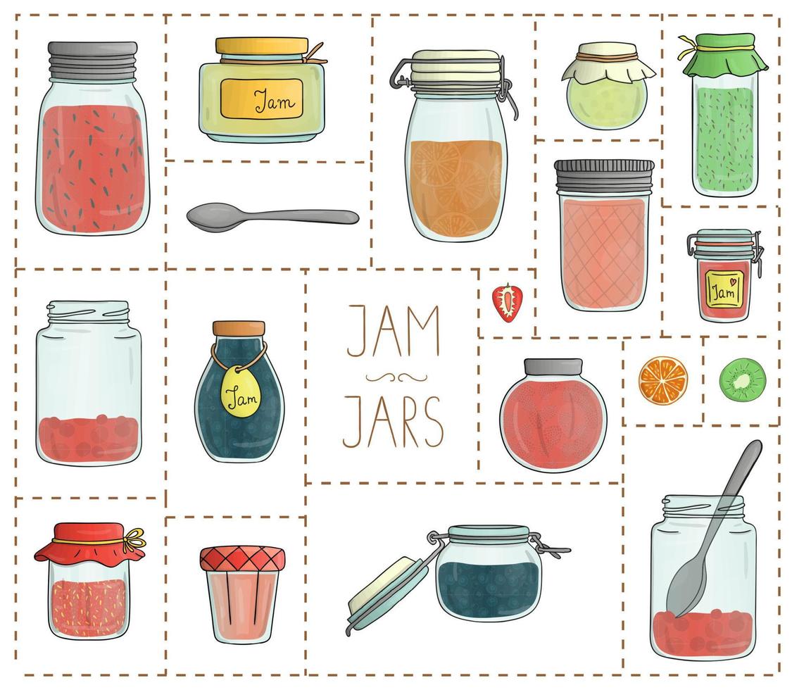 Vector set of colored jam jars isolated on white background. Colorful collection of preserved food in pots