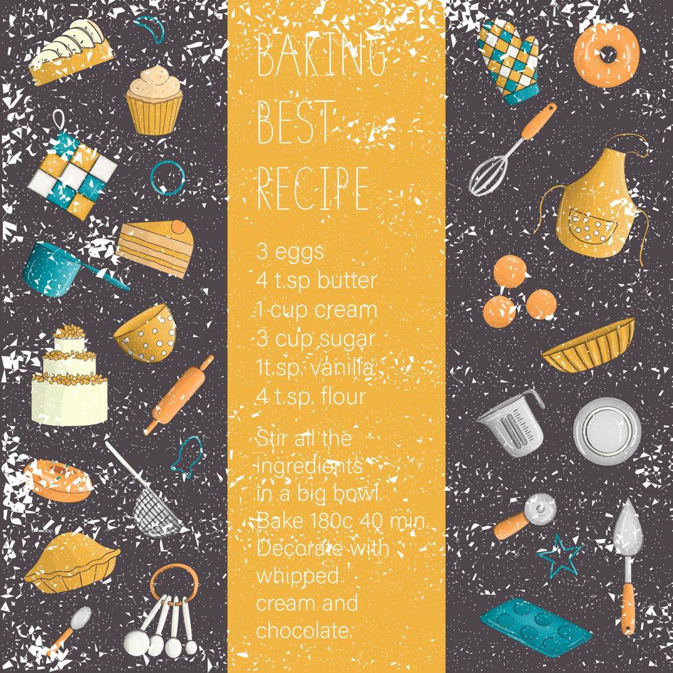 Vector colored set of elements for baking. Vintage illustration for recipe design. Colorful retro collection of  baking and kitchen tools isolated on textured background. Bakery vector banner