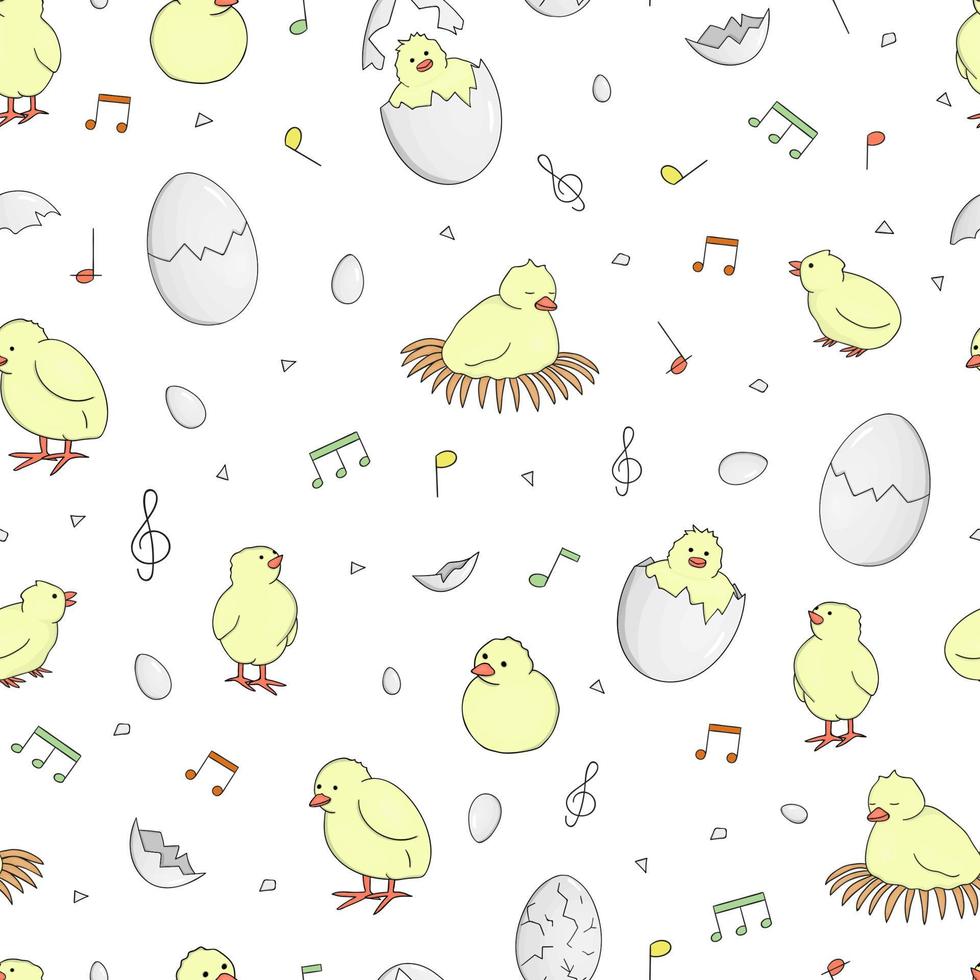 Vector seamless pattern with hatching chicks, chirping chicks, eggs, eggshell pieces, notes, treble clef isolated on white. Cute cartoon style background. Hand drawn doodle backdrop for Easter