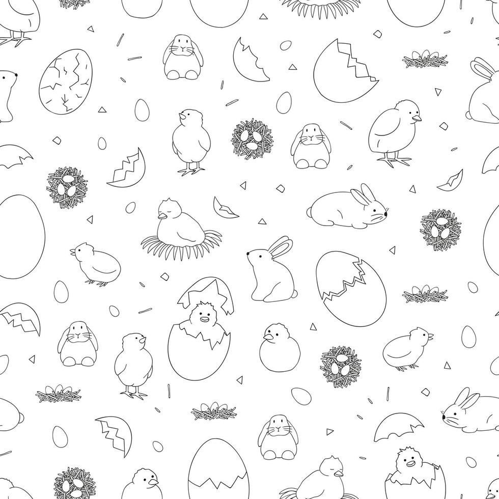Black and white seamless pattern with hatching chicks, rabbits, eggs. Cute cartoon style background. Hand drawn doodle backdrop for Easter. Children illustration vector