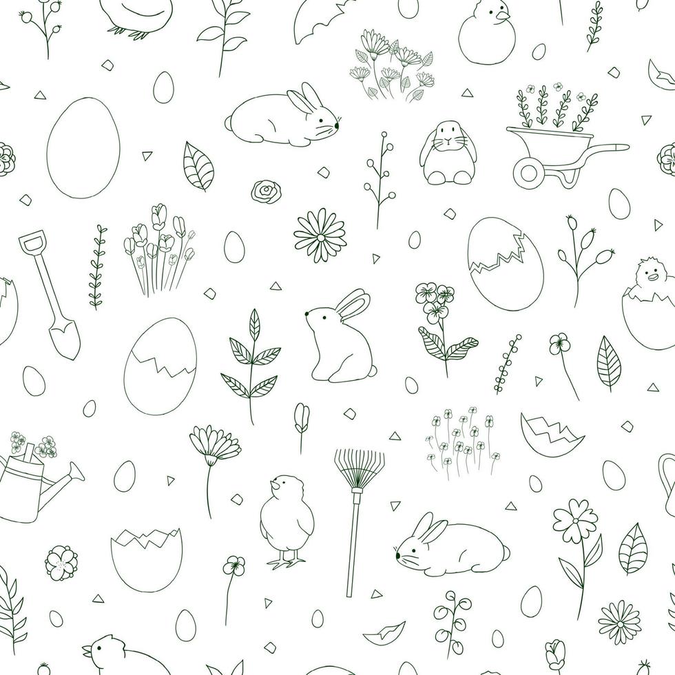 Vector black and white seamless pattern with hatching chicks, eggs, eggshell pieces, herbs, plants, garden elements, rabbits isolated on white. Cute cartoon style background. Hand drawn Easter