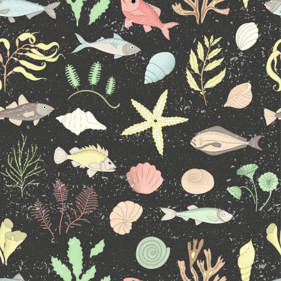 Vector colored seamless pattern of sea shells, fish, seaweeds isolated on  black textured background. Colorful repeating marine background. Underwater  vintage illustration 4402422 Vector Art at Vecteezy