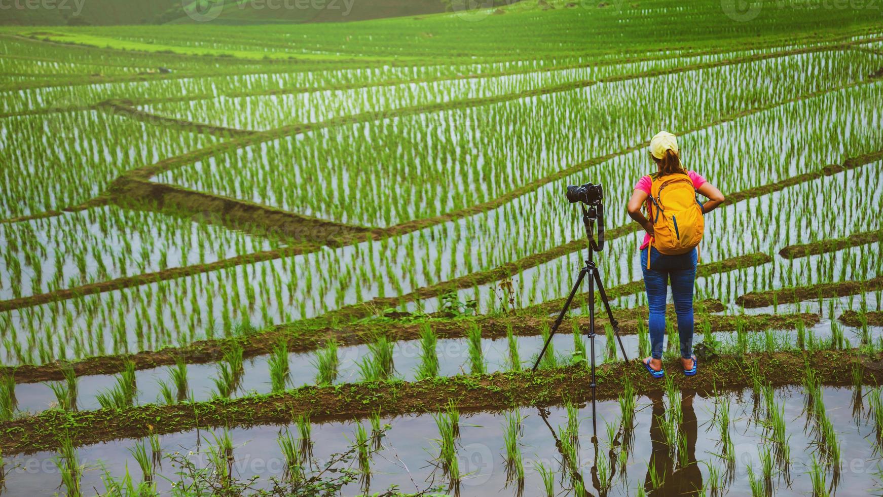 Asian woman travel nature. Travel relax. Walking take a photo on the field. in summer.